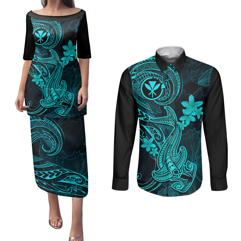 Hawaii Couples Matching Puletasi Dress and Long Sleeve Button Shirts Hammerhead Shark Tattoo Mix Polynesian Plumeria Turquoise Version - Wonder Print Shop