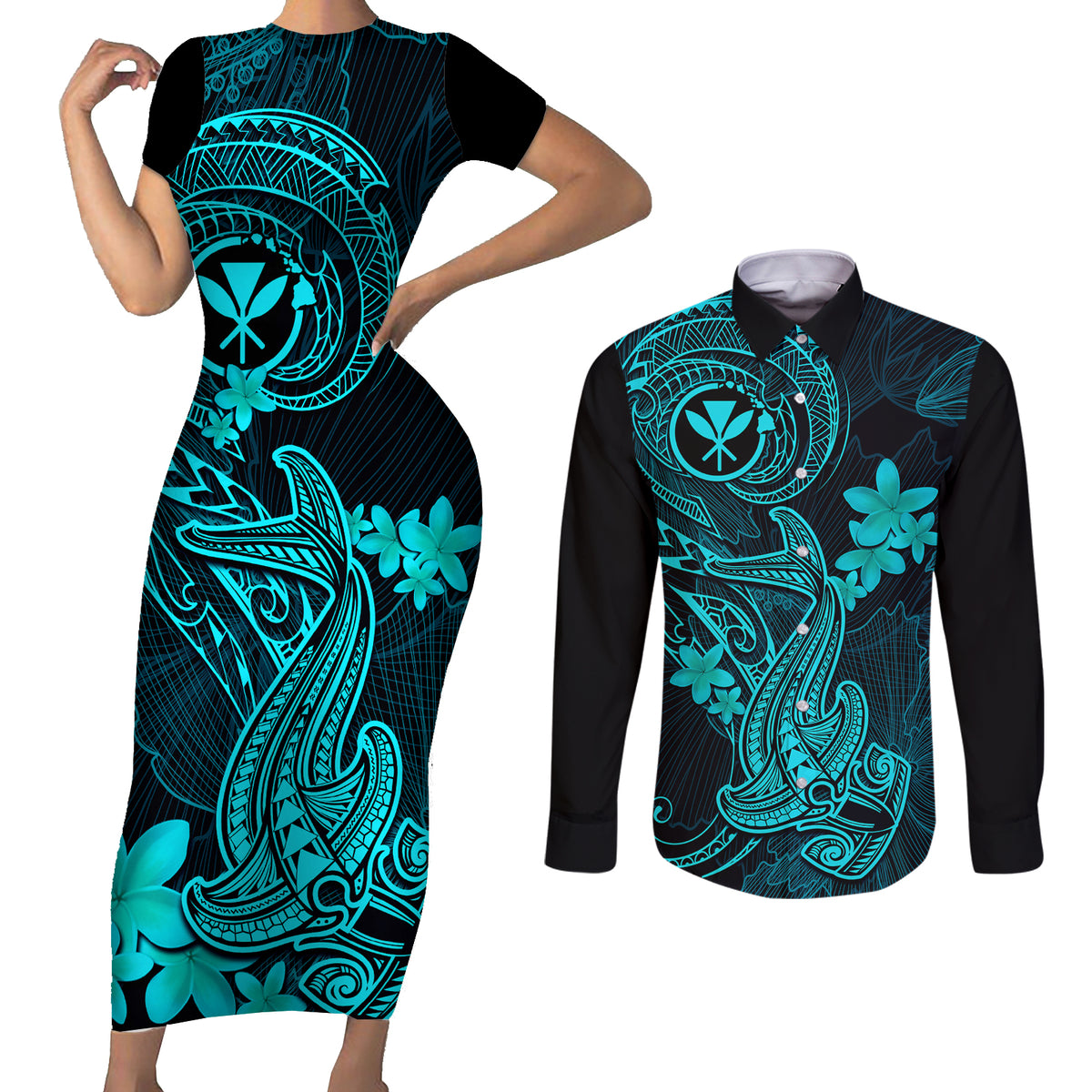 Hawaii Couples Matching Short Sleeve Bodycon Dress and Long Sleeve Button Shirts Hammerhead Shark Tattoo Mix Polynesian Plumeria Turquoise Version - Wonder Print Shop