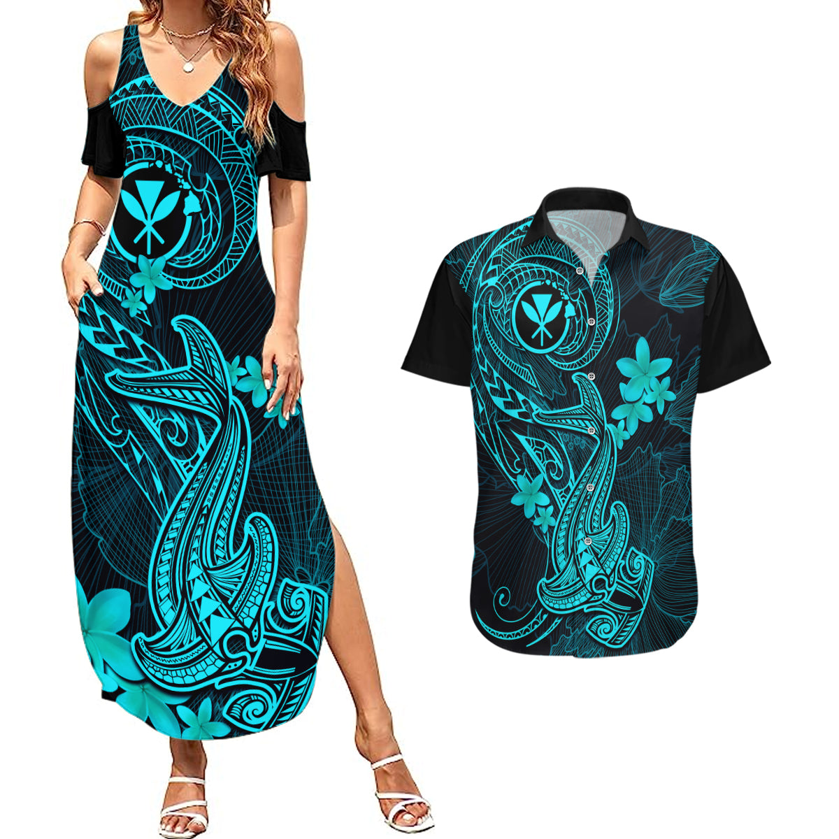 Hawaii Couples Matching Summer Maxi Dress and Hawaiian Shirt Hammerhead Shark Tattoo Mix Polynesian Plumeria Turquoise Version - Wonder Print Shop
