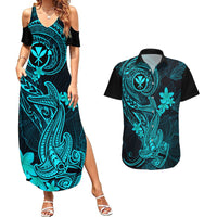 Hawaii Couples Matching Summer Maxi Dress and Hawaiian Shirt Hammerhead Shark Tattoo Mix Polynesian Plumeria Turquoise Version - Wonder Print Shop