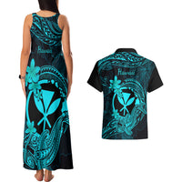 Hawaii Couples Matching Tank Maxi Dress and Hawaiian Shirt Hammerhead Shark Tattoo Mix Polynesian Plumeria Turquoise Version - Wonder Print Shop