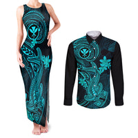 Hawaii Couples Matching Tank Maxi Dress and Long Sleeve Button Shirts Hammerhead Shark Tattoo Mix Polynesian Plumeria Turquoise Version - Wonder Print Shop