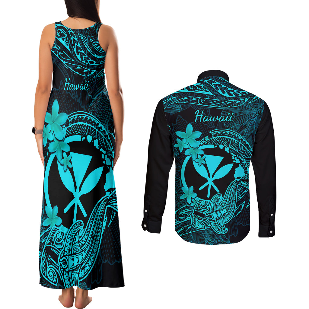 Hawaii Couples Matching Tank Maxi Dress and Long Sleeve Button Shirts Hammerhead Shark Tattoo Mix Polynesian Plumeria Turquoise Version - Wonder Print Shop