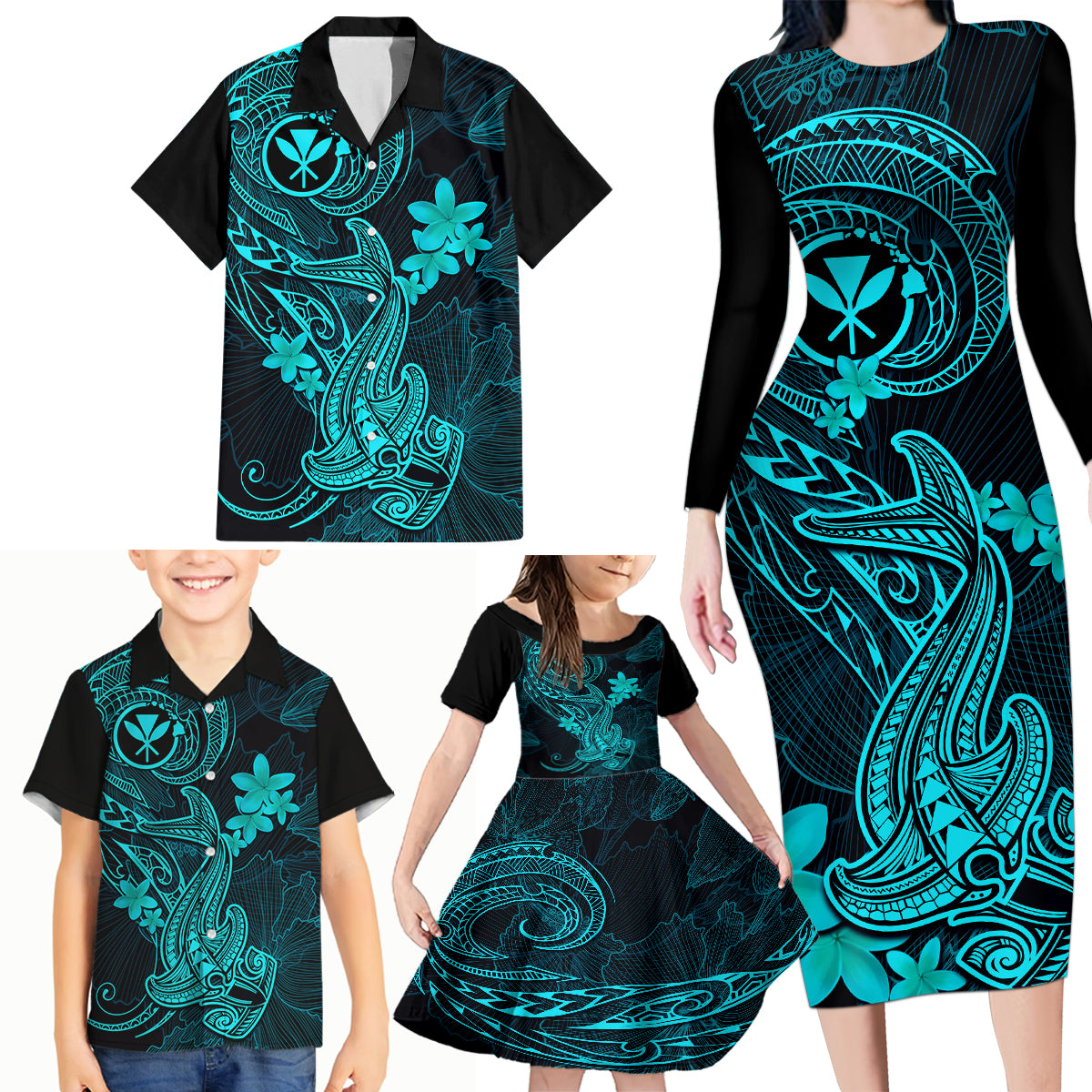 Hawaii Family Matching Long Sleeve Bodycon Dress and Hawaiian Shirt Hammerhead Shark Tattoo Mix Polynesian Plumeria Turquoise Version - Wonder Print Shop