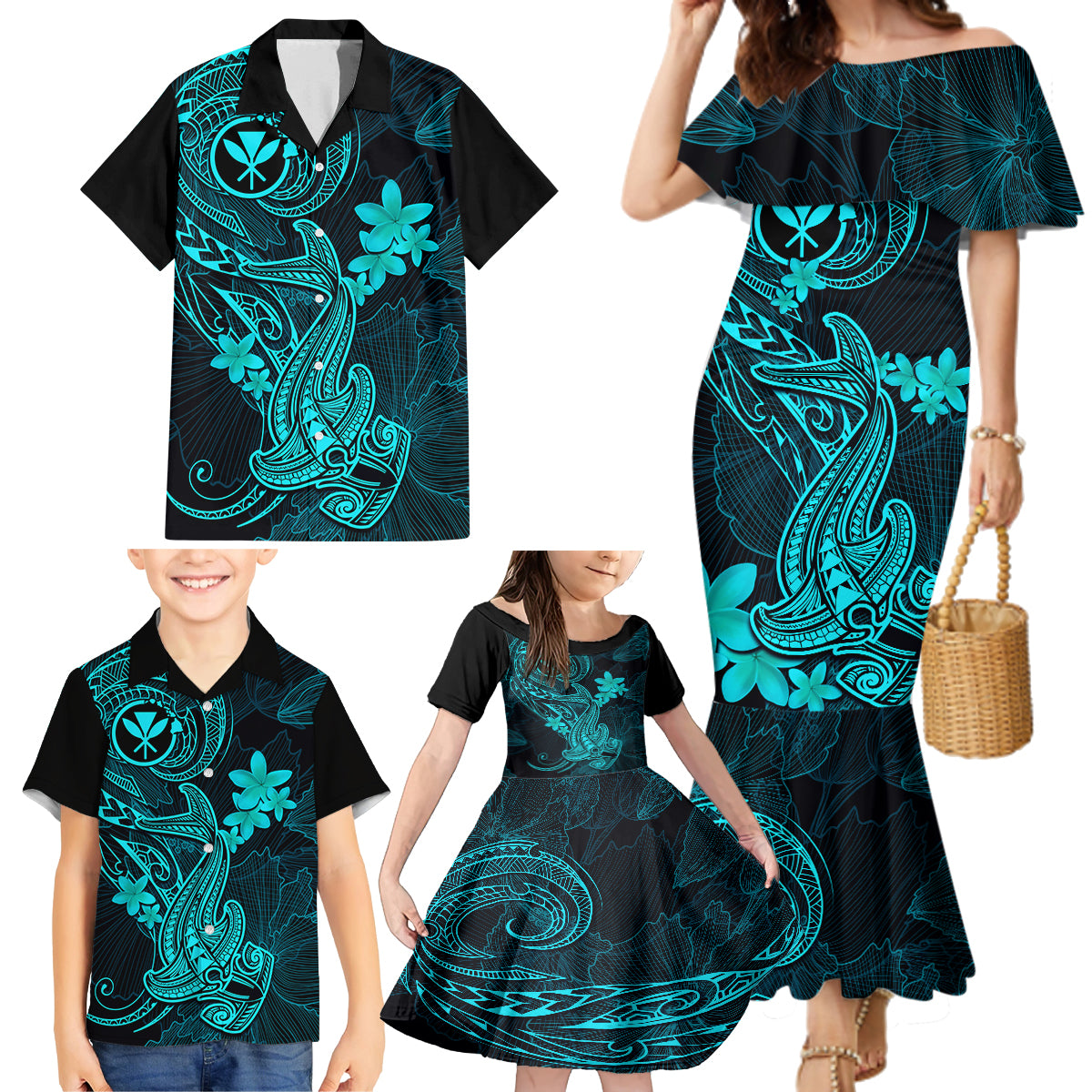 Hawaii Family Matching Mermaid Dress and Hawaiian Shirt Hammerhead Shark Tattoo Mix Polynesian Plumeria Turquoise Version - Wonder Print Shop