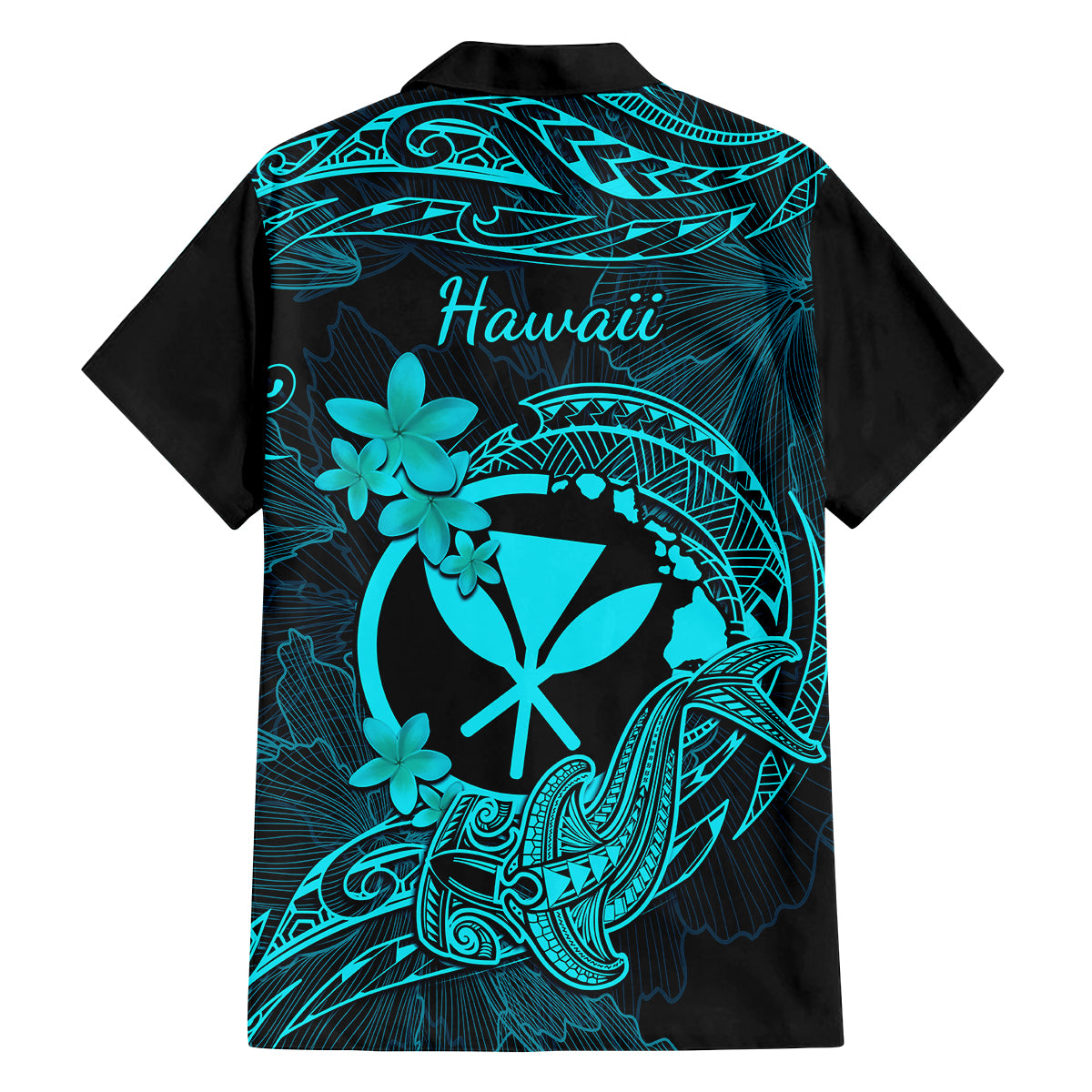 Hawaii Family Matching Mermaid Dress and Hawaiian Shirt Hammerhead Shark Tattoo Mix Polynesian Plumeria Turquoise Version - Wonder Print Shop
