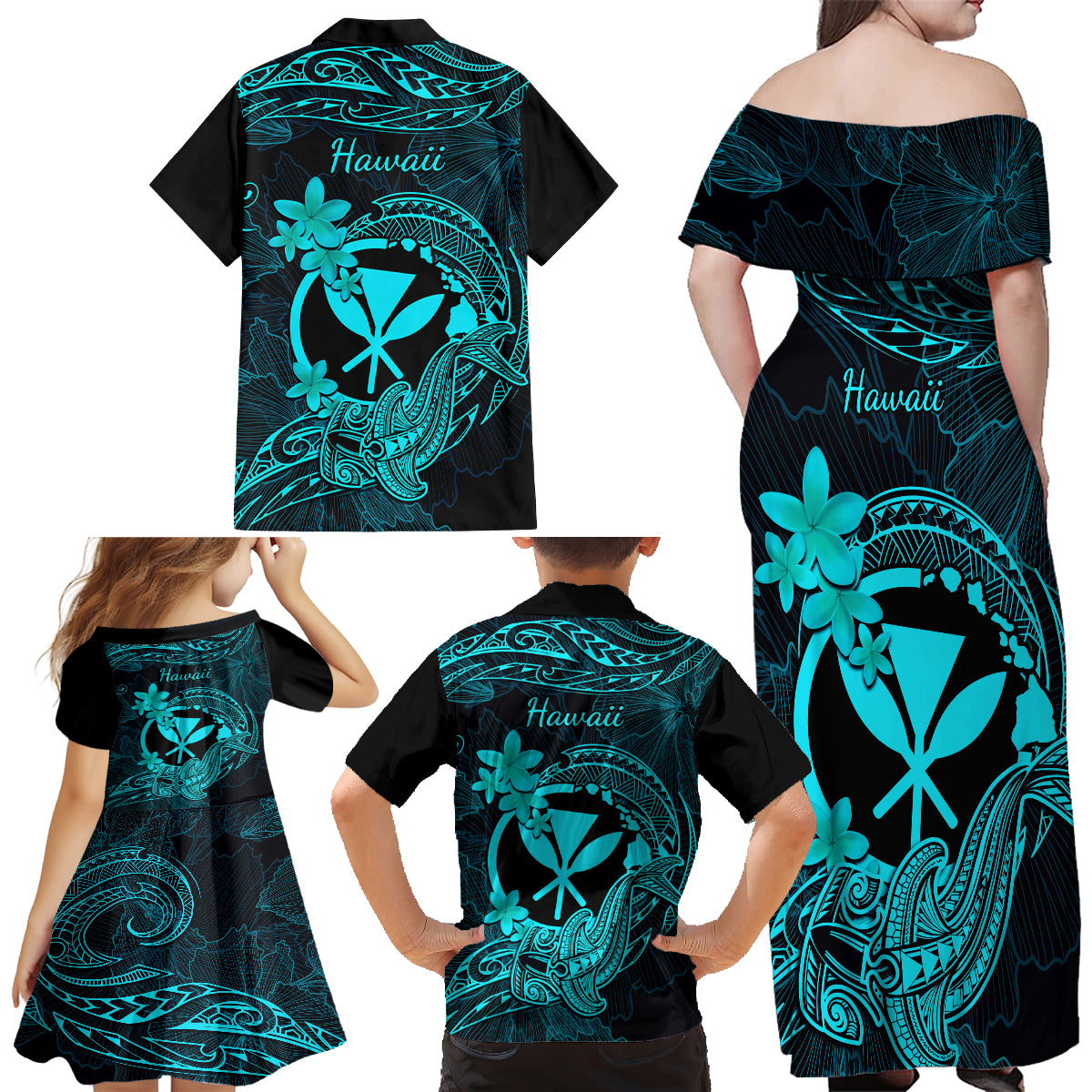 Hawaii Family Matching Off Shoulder Long Sleeve Dress and Hawaiian Shirt Hammerhead Shark Tattoo Mix Polynesian Plumeria Turquoise Version - Wonder Print Shop