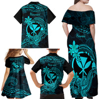 Hawaii Family Matching Off Shoulder Long Sleeve Dress and Hawaiian Shirt Hammerhead Shark Tattoo Mix Polynesian Plumeria Turquoise Version - Wonder Print Shop