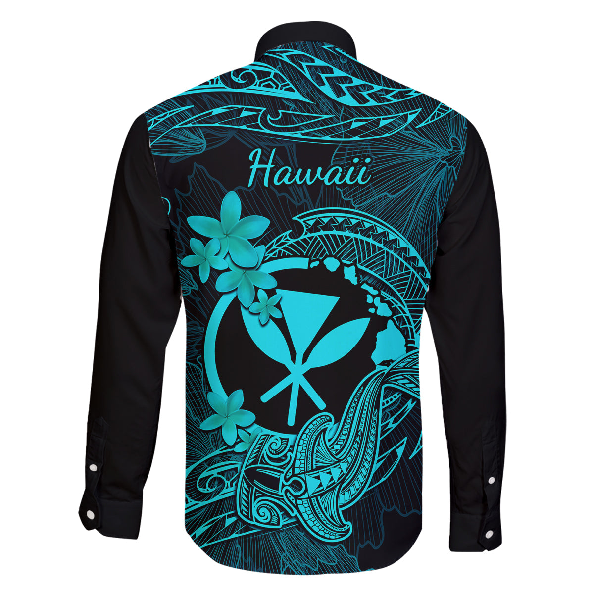 Hawaii Family Matching Off Shoulder Long Sleeve Dress and Hawaiian Shirt Hammerhead Shark Tattoo Mix Polynesian Plumeria Turquoise Version - Wonder Print Shop