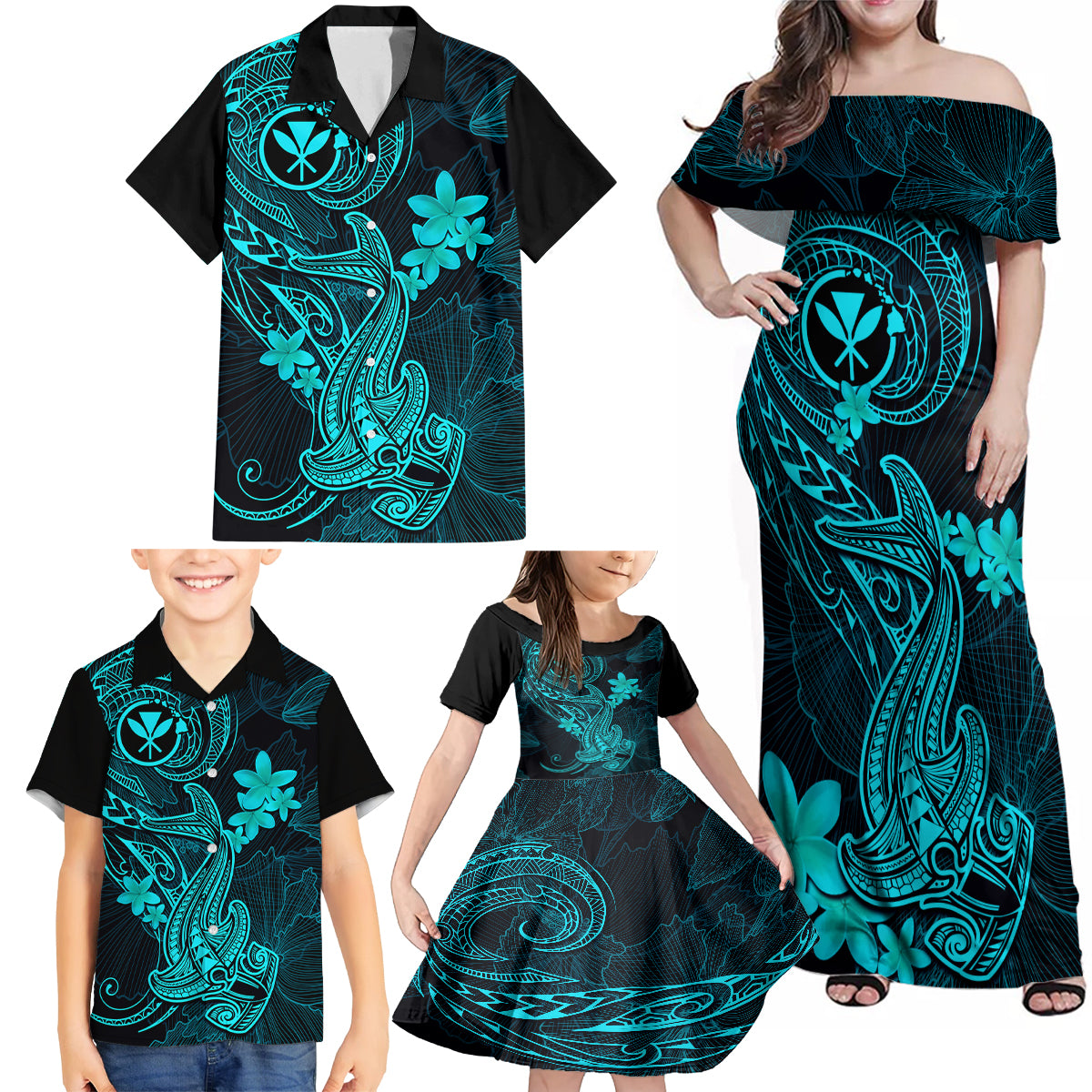 Hawaii Family Matching Off Shoulder Maxi Dress and Hawaiian Shirt Hammerhead Shark Tattoo Mix Polynesian Plumeria Turquoise Version - Wonder Print Shop