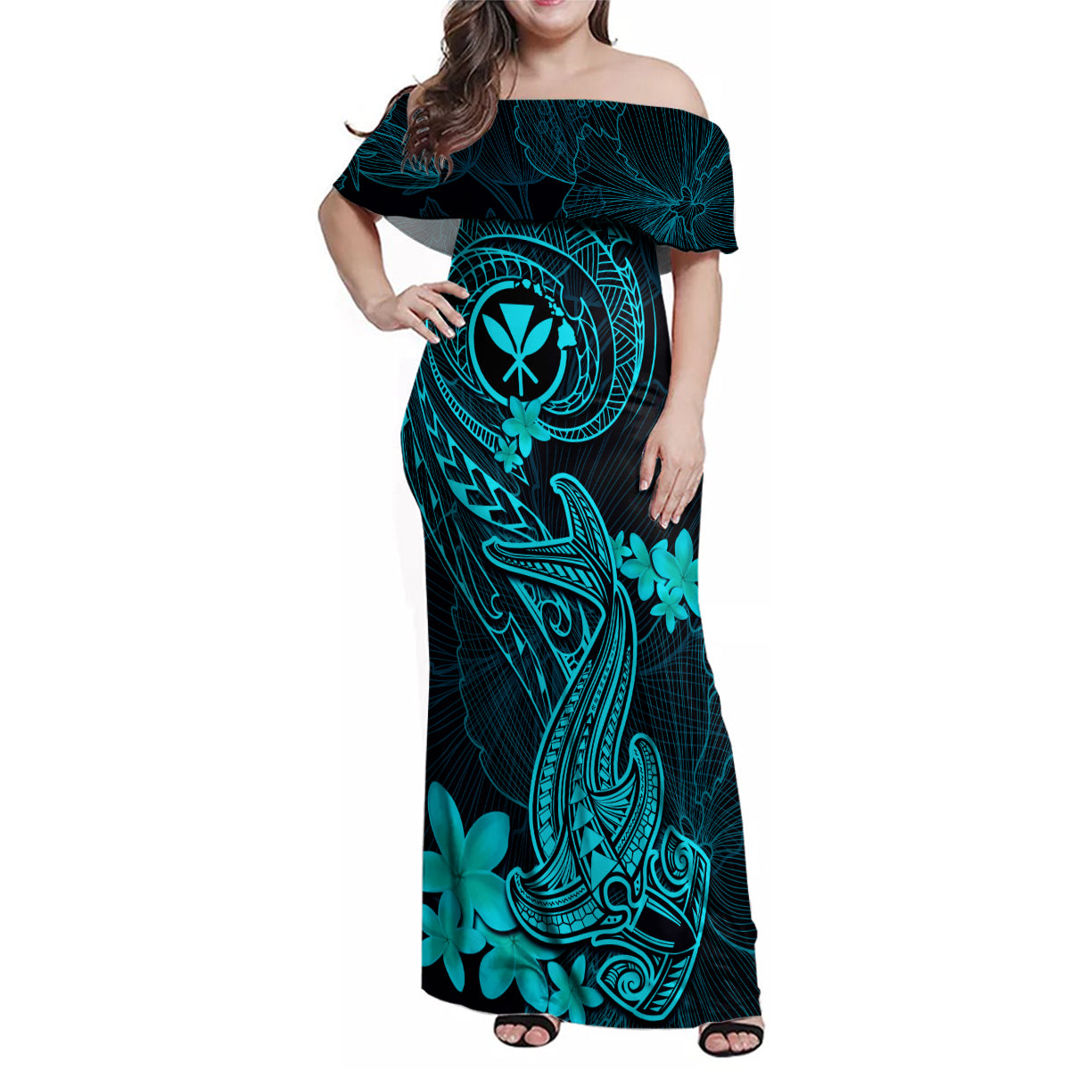 Hawaii Family Matching Off Shoulder Maxi Dress and Hawaiian Shirt Hammerhead Shark Tattoo Mix Polynesian Plumeria Turquoise Version - Wonder Print Shop