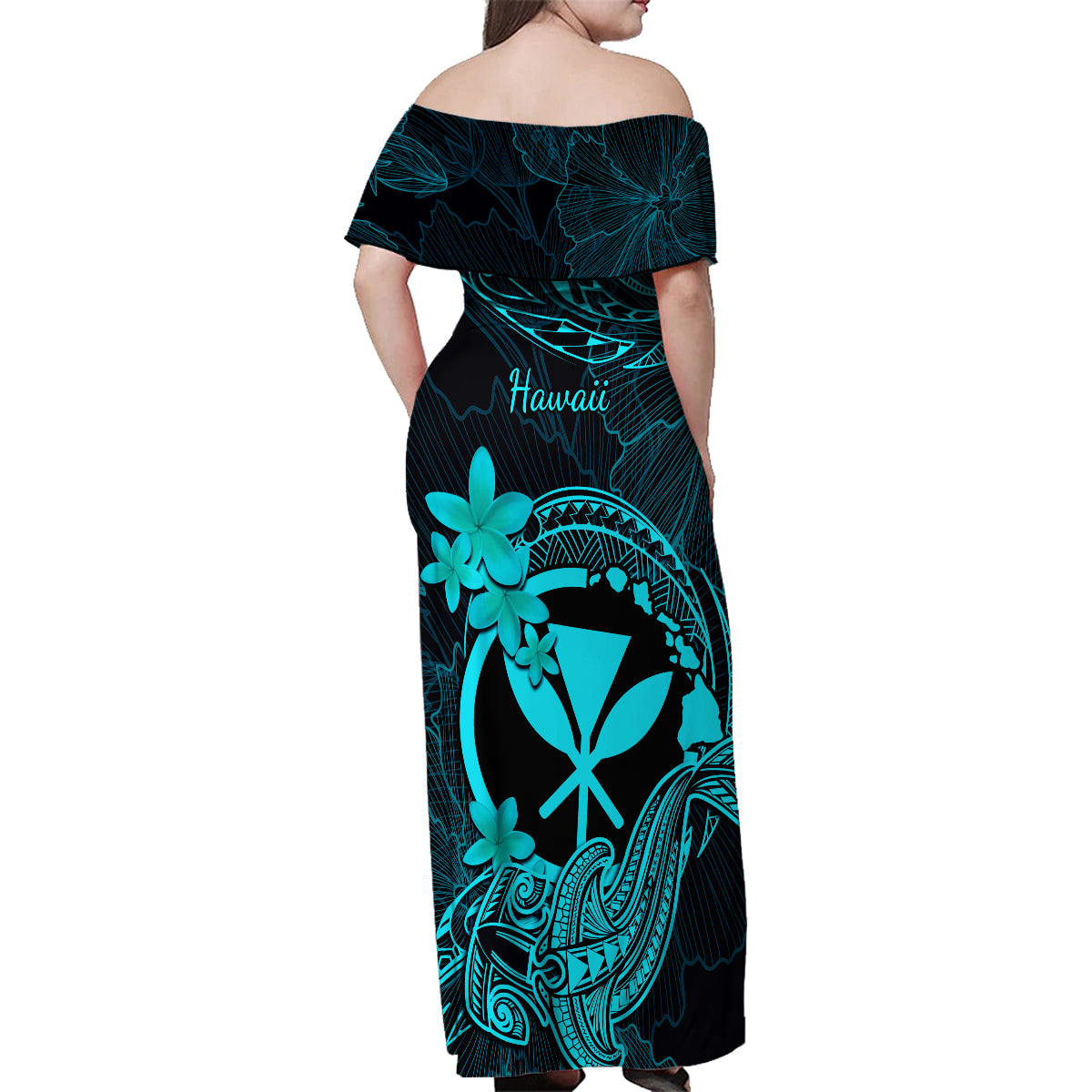 Hawaii Family Matching Off Shoulder Maxi Dress and Hawaiian Shirt Hammerhead Shark Tattoo Mix Polynesian Plumeria Turquoise Version - Wonder Print Shop