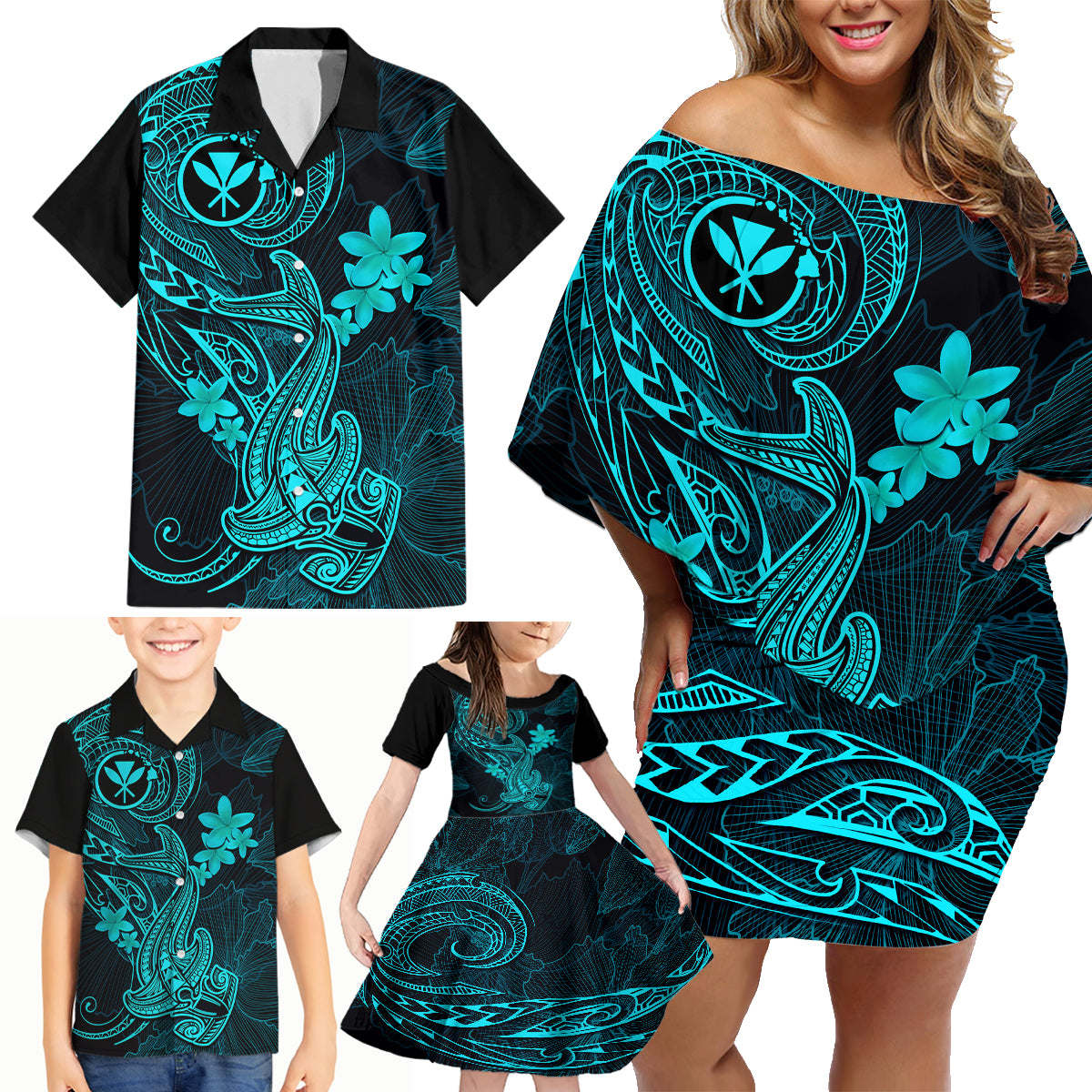Hawaii Family Matching Off Shoulder Short Dress and Hawaiian Shirt Hammerhead Shark Tattoo Mix Polynesian Plumeria Turquoise Version - Wonder Print Shop
