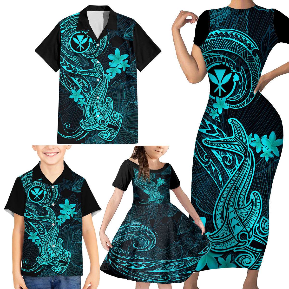 Hawaii Family Matching Short Sleeve Bodycon Dress and Hawaiian Shirt Hammerhead Shark Tattoo Mix Polynesian Plumeria Turquoise Version - Wonder Print Shop