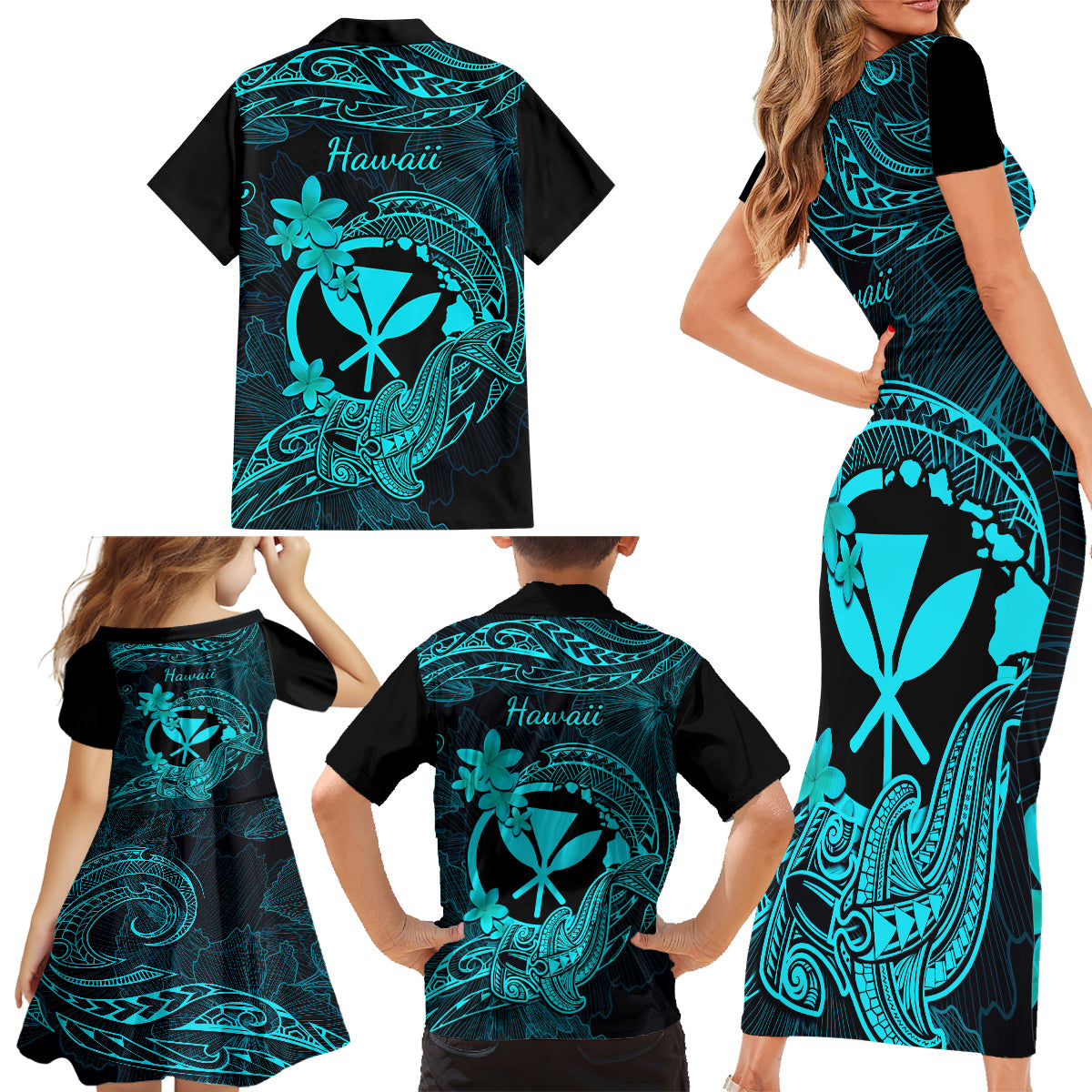 Hawaii Family Matching Short Sleeve Bodycon Dress and Hawaiian Shirt Hammerhead Shark Tattoo Mix Polynesian Plumeria Turquoise Version - Wonder Print Shop