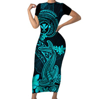 Hawaii Family Matching Short Sleeve Bodycon Dress and Hawaiian Shirt Hammerhead Shark Tattoo Mix Polynesian Plumeria Turquoise Version - Wonder Print Shop