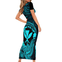 Hawaii Family Matching Short Sleeve Bodycon Dress and Hawaiian Shirt Hammerhead Shark Tattoo Mix Polynesian Plumeria Turquoise Version - Wonder Print Shop