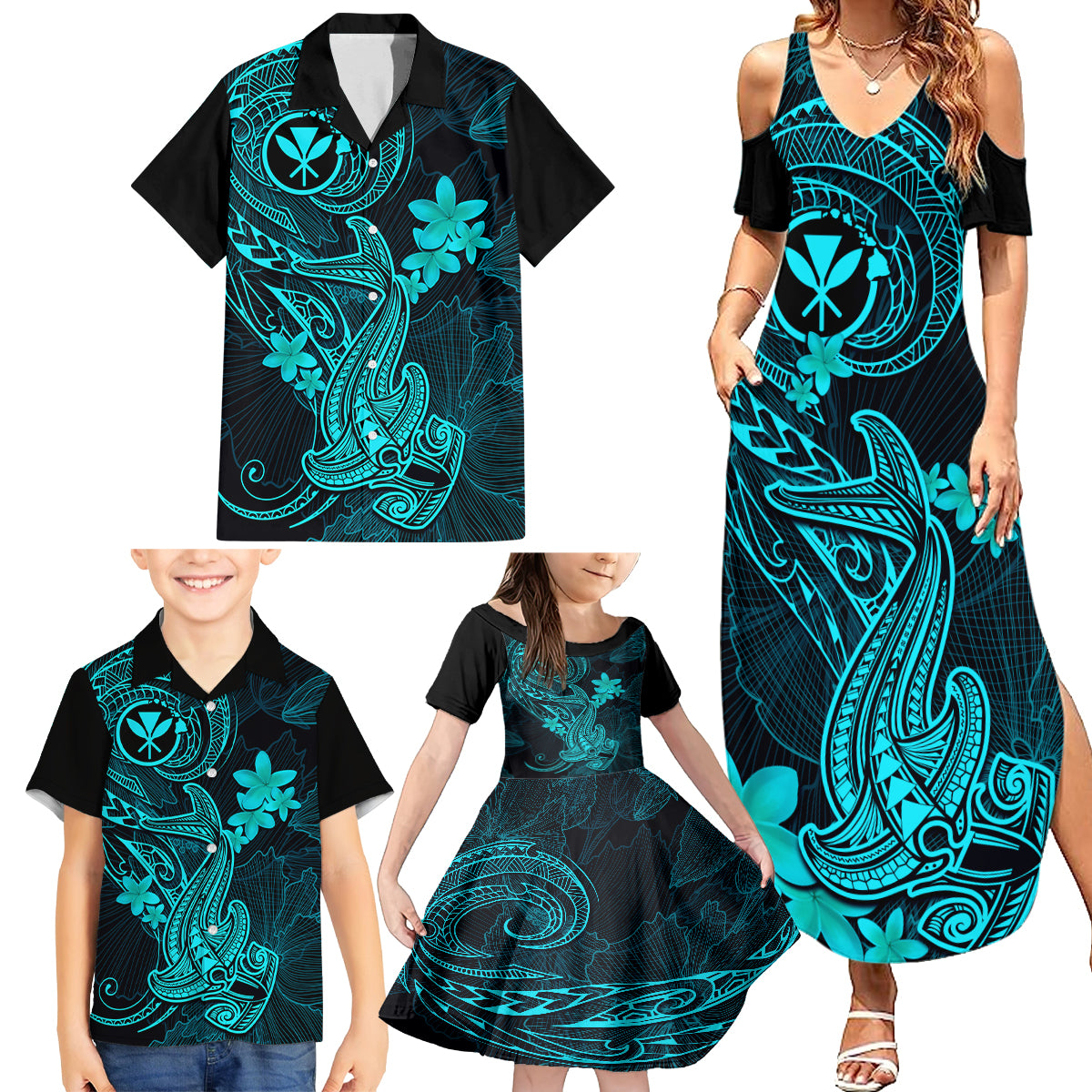 Hawaii Family Matching Summer Maxi Dress and Hawaiian Shirt Hammerhead Shark Tattoo Mix Polynesian Plumeria Turquoise Version - Wonder Print Shop