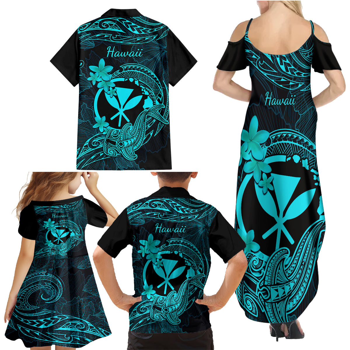 Hawaii Family Matching Summer Maxi Dress and Hawaiian Shirt Hammerhead Shark Tattoo Mix Polynesian Plumeria Turquoise Version - Wonder Print Shop