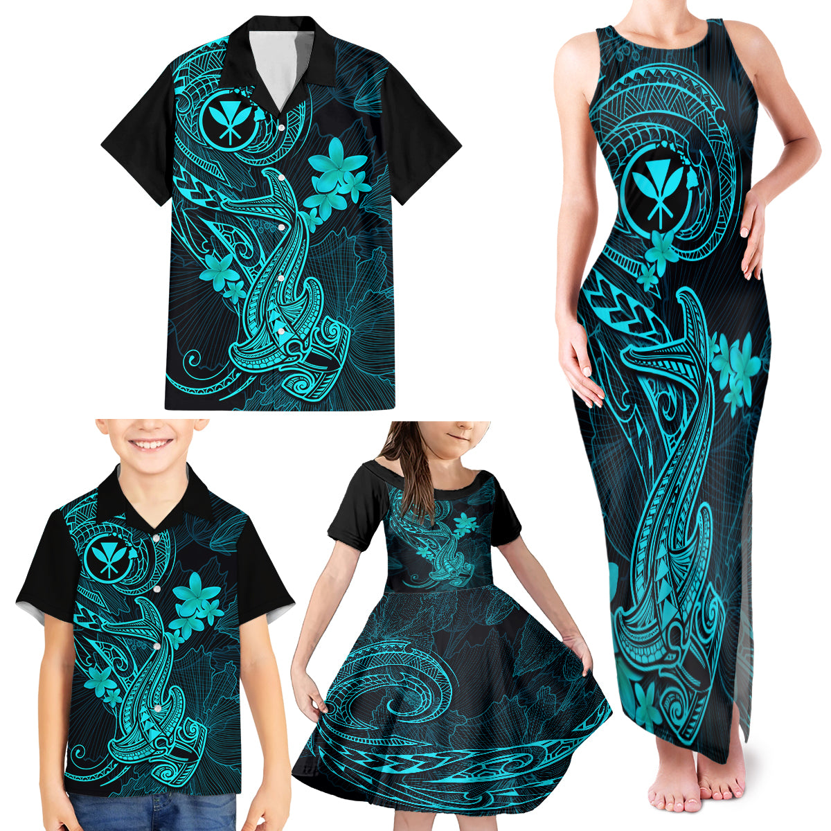 Hawaii Family Matching Tank Maxi Dress and Hawaiian Shirt Hammerhead Shark Tattoo Mix Polynesian Plumeria Turquoise Version - Wonder Print Shop