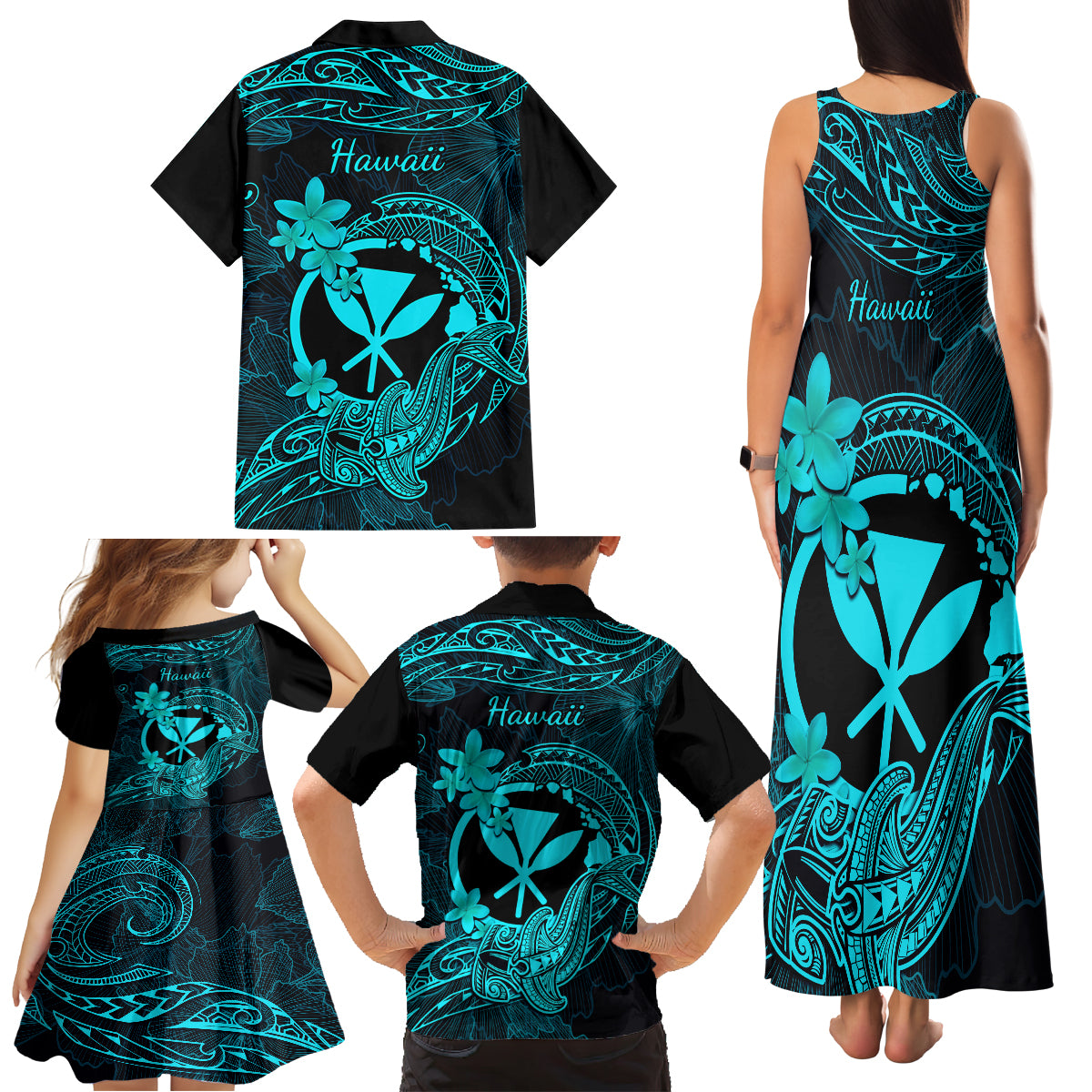Hawaii Family Matching Tank Maxi Dress and Hawaiian Shirt Hammerhead Shark Tattoo Mix Polynesian Plumeria Turquoise Version - Wonder Print Shop