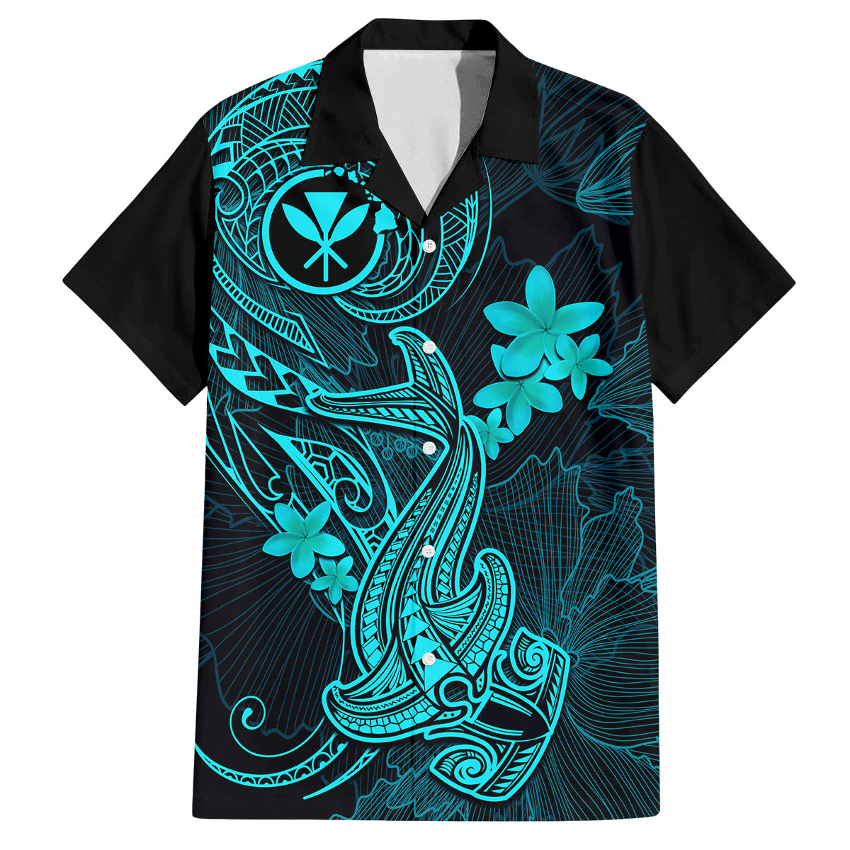 Hawaii Family Matching Tank Maxi Dress and Hawaiian Shirt Hammerhead Shark Tattoo Mix Polynesian Plumeria Turquoise Version - Wonder Print Shop