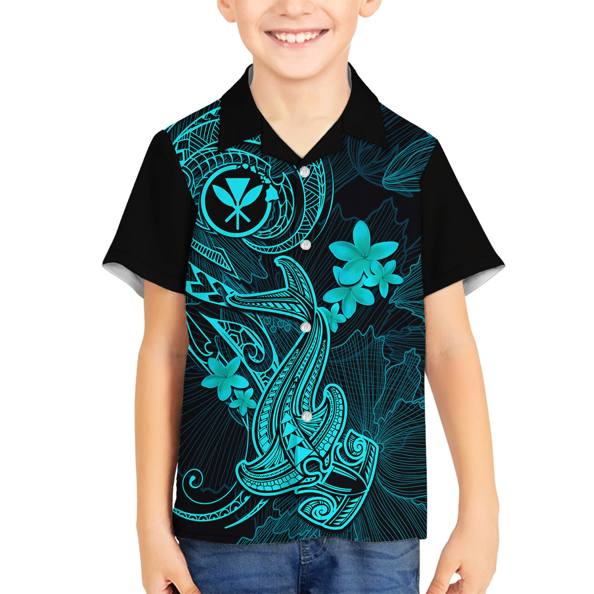 Hawaii Family Matching Tank Maxi Dress and Hawaiian Shirt Hammerhead Shark Tattoo Mix Polynesian Plumeria Turquoise Version - Wonder Print Shop