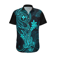 Hawaii Hawaiian Shirt Hammerhead Shark Tattoo Mix Polynesian Plumeria Turquoise Version - Wonder Print Shop