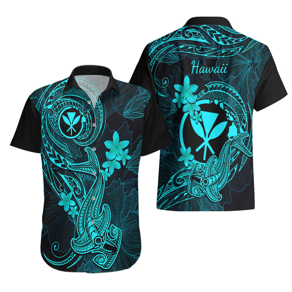 Hawaii Hawaiian Shirt Hammerhead Shark Tattoo Mix Polynesian Plumeria Turquoise Version - Wonder Print Shop