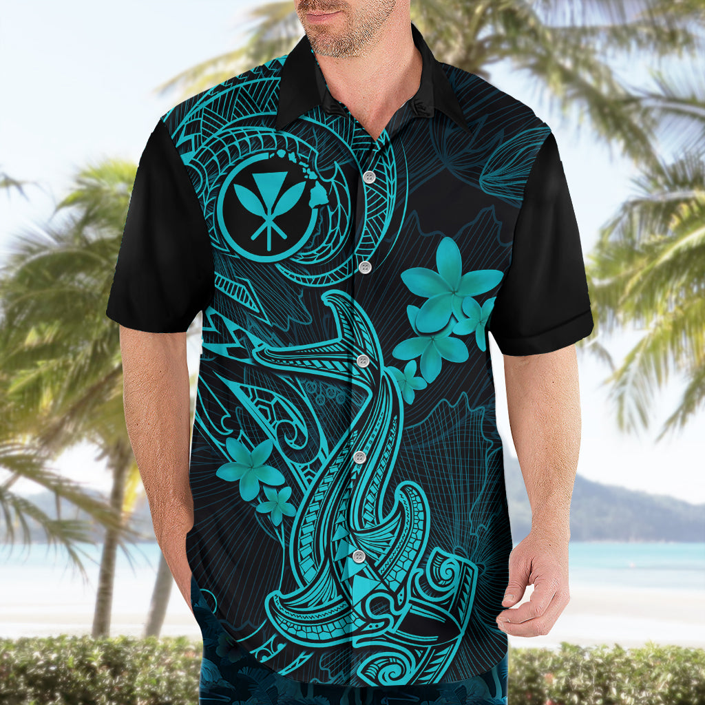 Hawaii Hawaiian Shirt Hammerhead Shark Tattoo Mix Polynesian Plumeria Turquoise Version - Wonder Print Shop