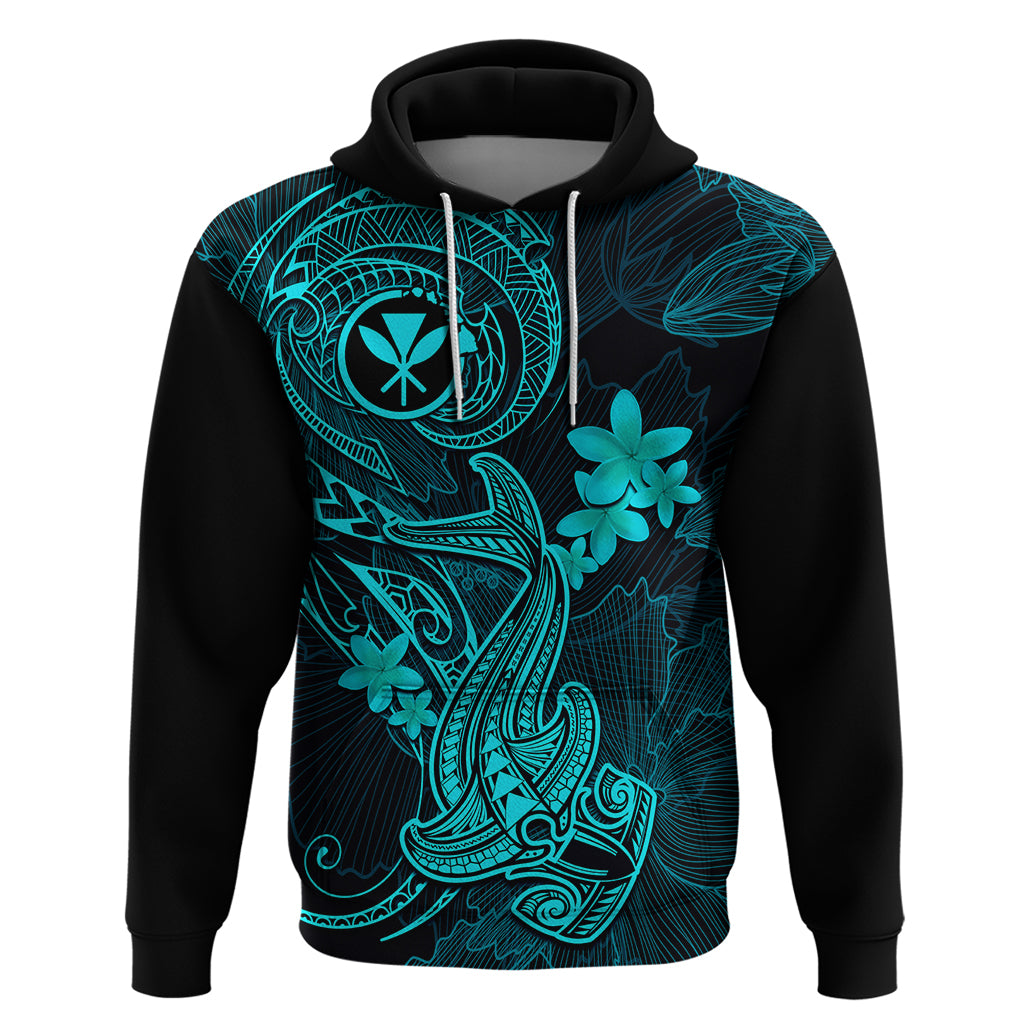 Hawaii Hoodie Hammerhead Shark Tattoo Mix Polynesian Plumeria Turquoise Version - Wonder Print Shop