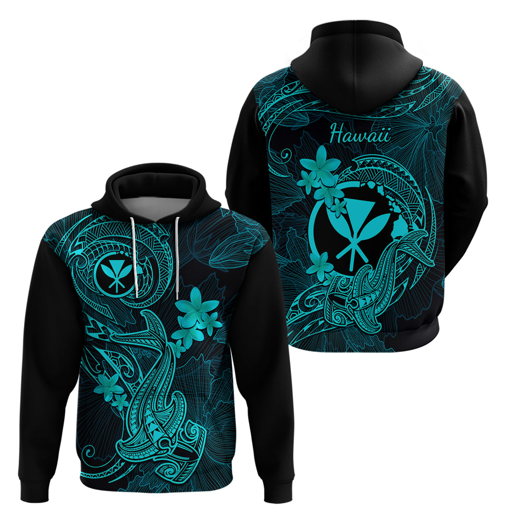 Hawaii Hoodie Hammerhead Shark Tattoo Mix Polynesian Plumeria Turquoise Version - Wonder Print Shop
