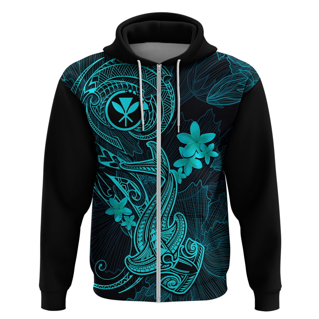 Hawaii Hoodie Hammerhead Shark Tattoo Mix Polynesian Plumeria Turquoise Version - Wonder Print Shop