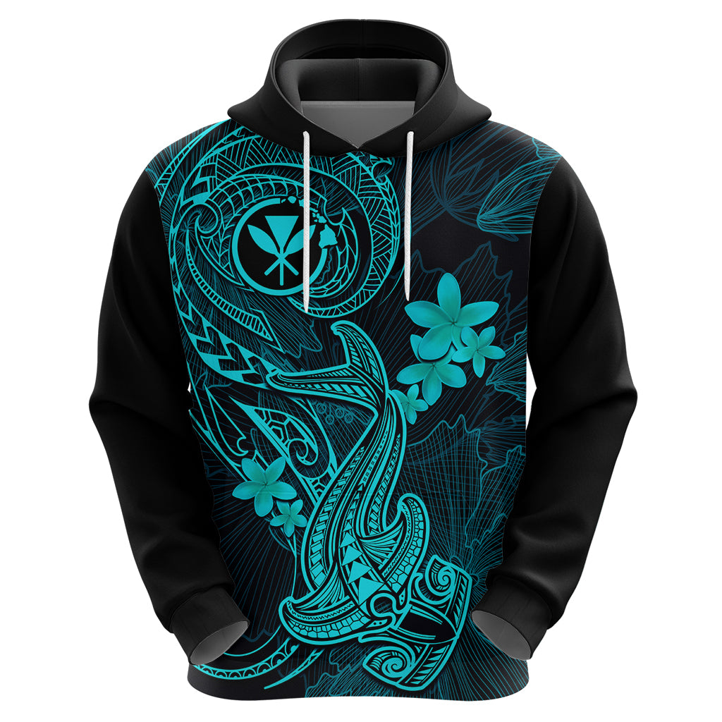 Hawaii Hoodie Hammerhead Shark Tattoo Mix Polynesian Plumeria Turquoise Version - Wonder Print Shop