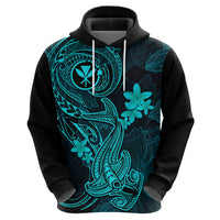 Hawaii Hoodie Hammerhead Shark Tattoo Mix Polynesian Plumeria Turquoise Version - Wonder Print Shop