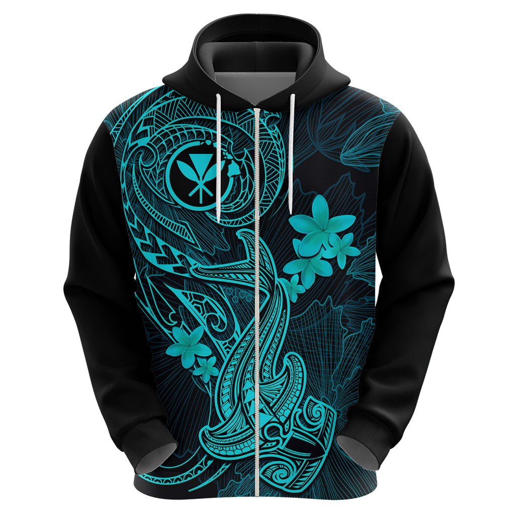 Hawaii Hoodie Hammerhead Shark Tattoo Mix Polynesian Plumeria Turquoise Version - Wonder Print Shop