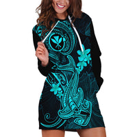 Hawaii Hoodie Dress Hammerhead Shark Tattoo Mix Polynesian Plumeria Turquoise Version - Wonder Print Shop