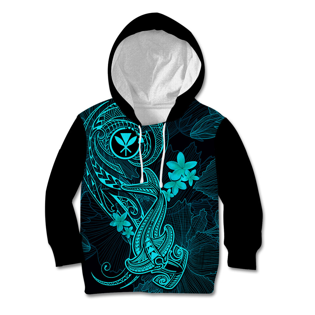 Hawaii Kid Hoodie Hammerhead Shark Tattoo Mix Polynesian Plumeria Turquoise Version - Wonder Print Shop