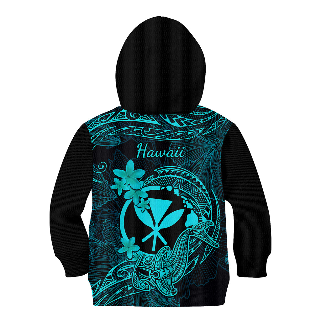 Hawaii Kid Hoodie Hammerhead Shark Tattoo Mix Polynesian Plumeria Turquoise Version - Wonder Print Shop