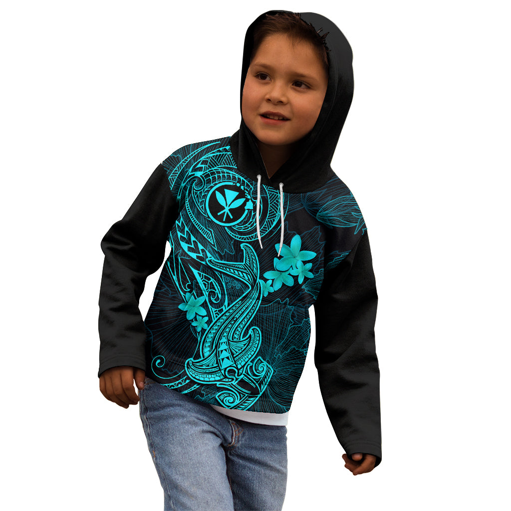 Hawaii Kid Hoodie Hammerhead Shark Tattoo Mix Polynesian Plumeria Turquoise Version - Wonder Print Shop