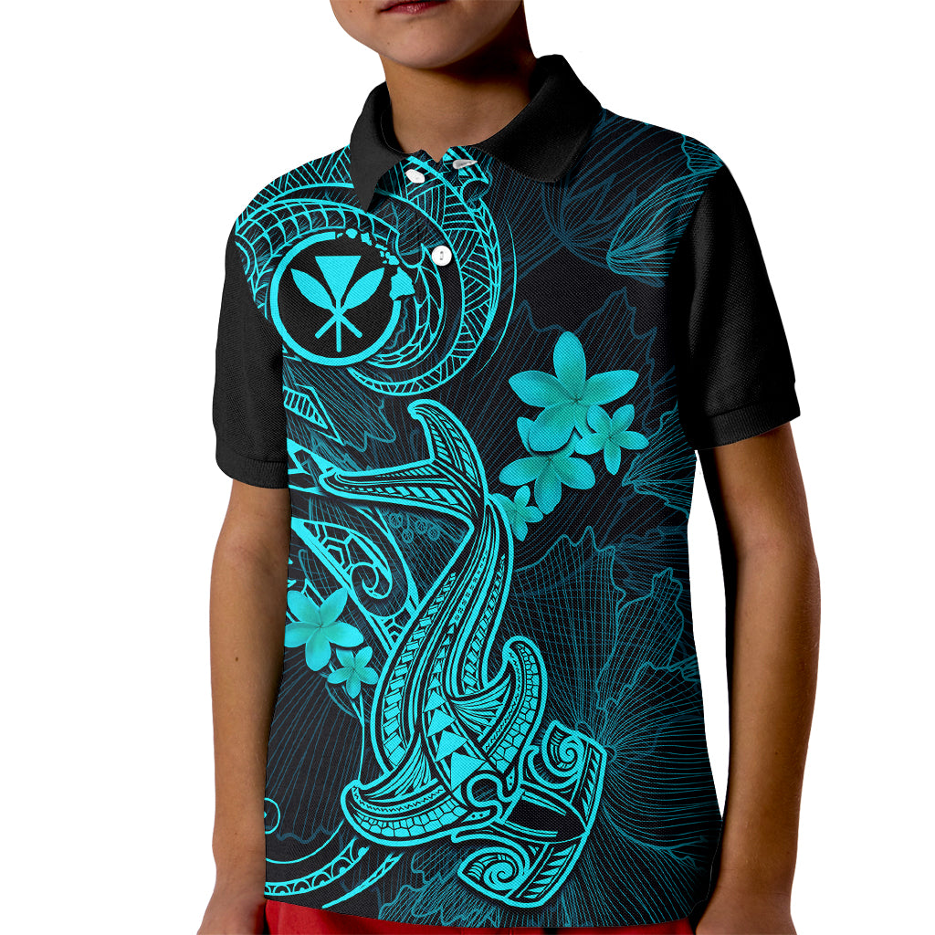 Hawaii Kid Polo Shirt Hammerhead Shark Tattoo Mix Polynesian Plumeria Turquoise Version - Wonder Print Shop