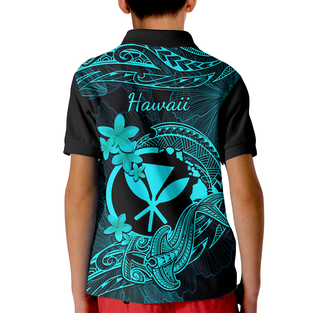 Hawaii Kid Polo Shirt Hammerhead Shark Tattoo Mix Polynesian Plumeria Turquoise Version - Wonder Print Shop