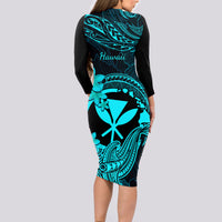 Hawaii Long Sleeve Bodycon Dress Hammerhead Shark Tattoo Mix Polynesian Plumeria Turquoise Version - Wonder Print Shop