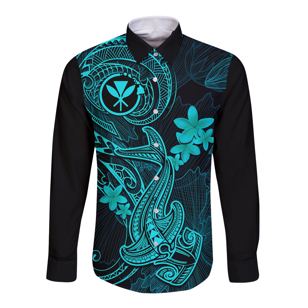 Hawaii Long Sleeve Button Shirt Hammerhead Shark Tattoo Mix Polynesian Plumeria Turquoise Version - Wonder Print Shop
