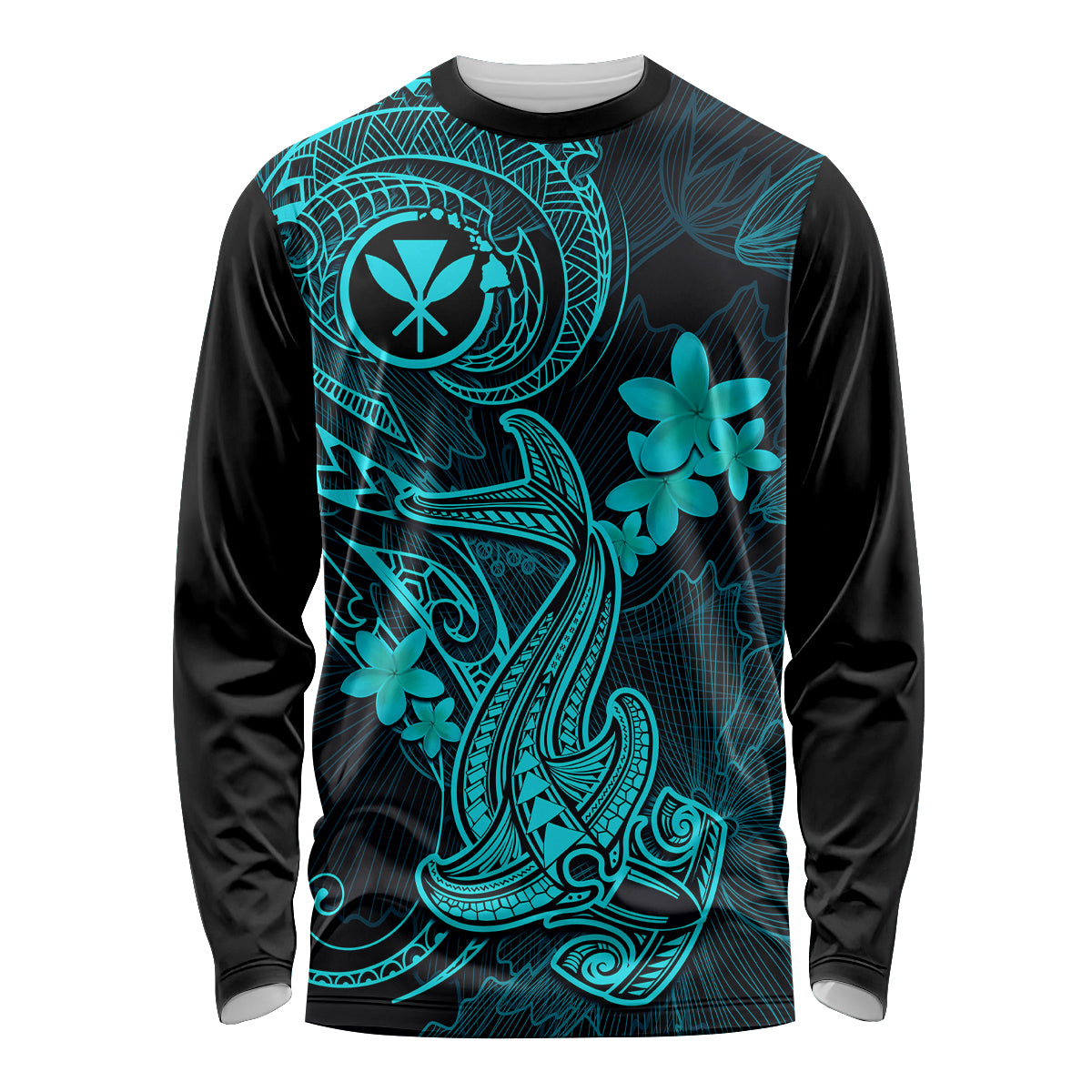 Hawaii Long Sleeve Shirt Hammerhead Shark Tattoo Mix Polynesian Plumeria Turquoise Version - Wonder Print Shop
