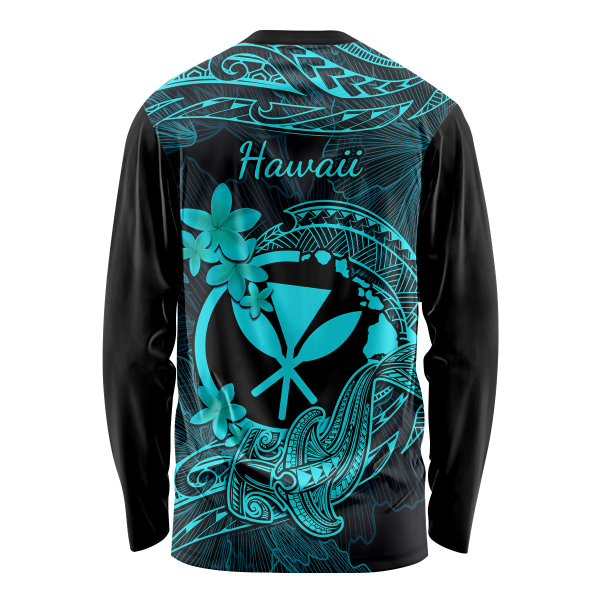 Hawaii Long Sleeve Shirt Hammerhead Shark Tattoo Mix Polynesian Plumeria Turquoise Version - Wonder Print Shop