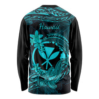 Hawaii Long Sleeve Shirt Hammerhead Shark Tattoo Mix Polynesian Plumeria Turquoise Version - Wonder Print Shop