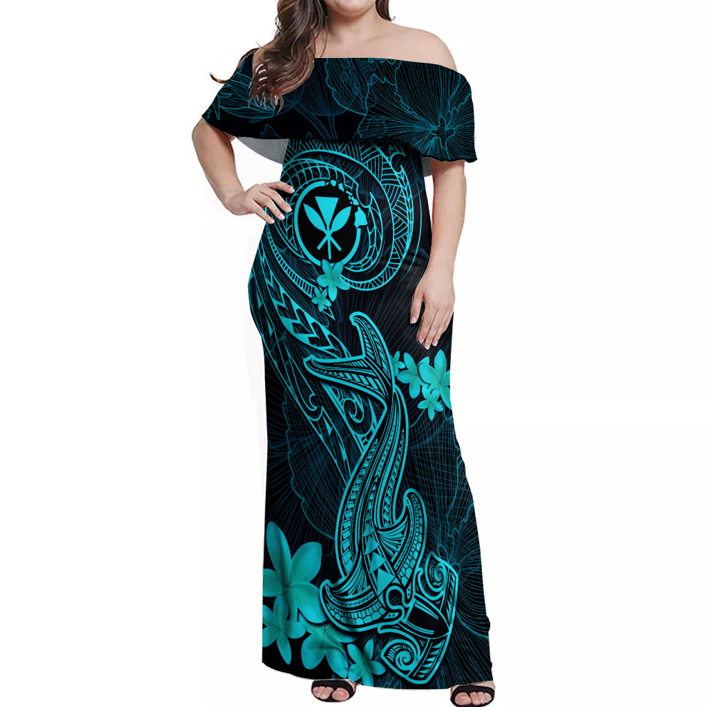 Hawaii Off Shoulder Maxi Dress Hammerhead Shark Tattoo Mix Polynesian Plumeria Turquoise Version - Wonder Print Shop