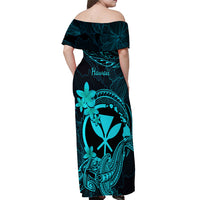 Hawaii Off Shoulder Maxi Dress Hammerhead Shark Tattoo Mix Polynesian Plumeria Turquoise Version - Wonder Print Shop