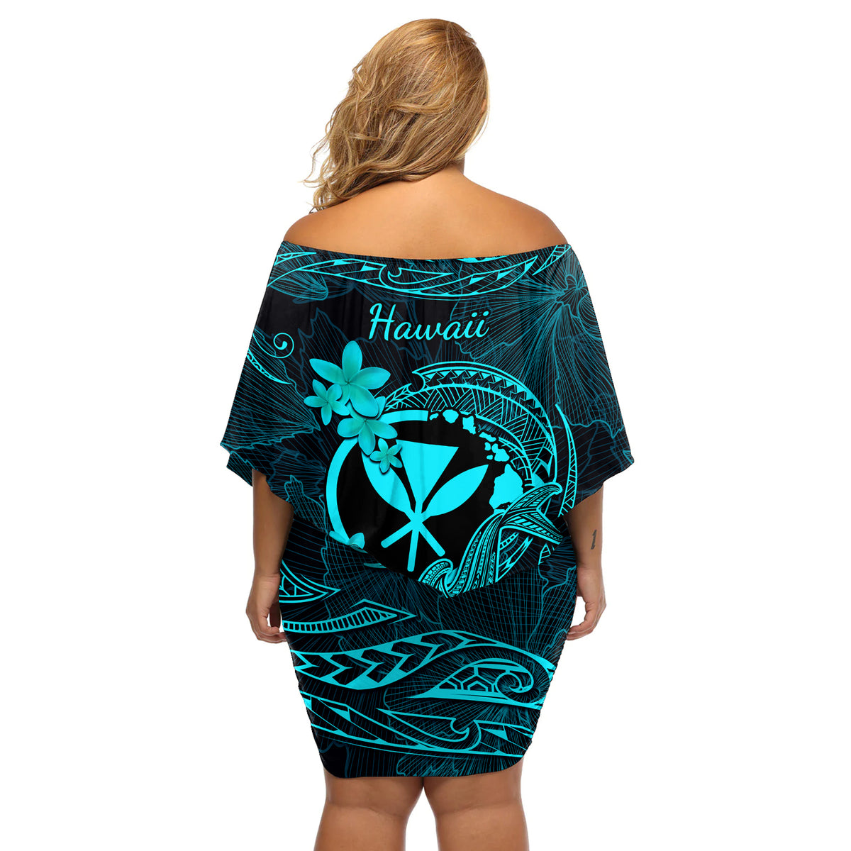 Hawaii Off Shoulder Short Dress Hammerhead Shark Tattoo Mix Polynesian Plumeria Turquoise Version - Wonder Print Shop